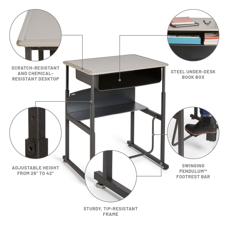 AlphaBetter® Desk, 28 x 20" Standard Top, Book Box and Swinging Footrest Bar