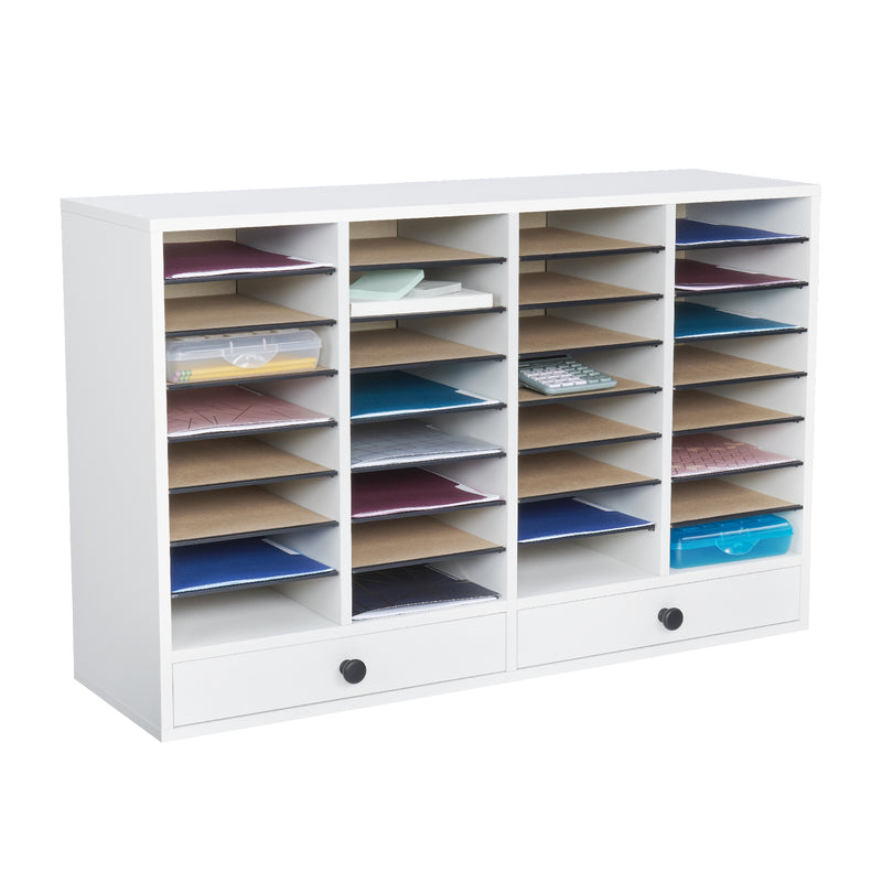 Wood Adjustable Literature Organizer, 32 Compartment w. Drawer