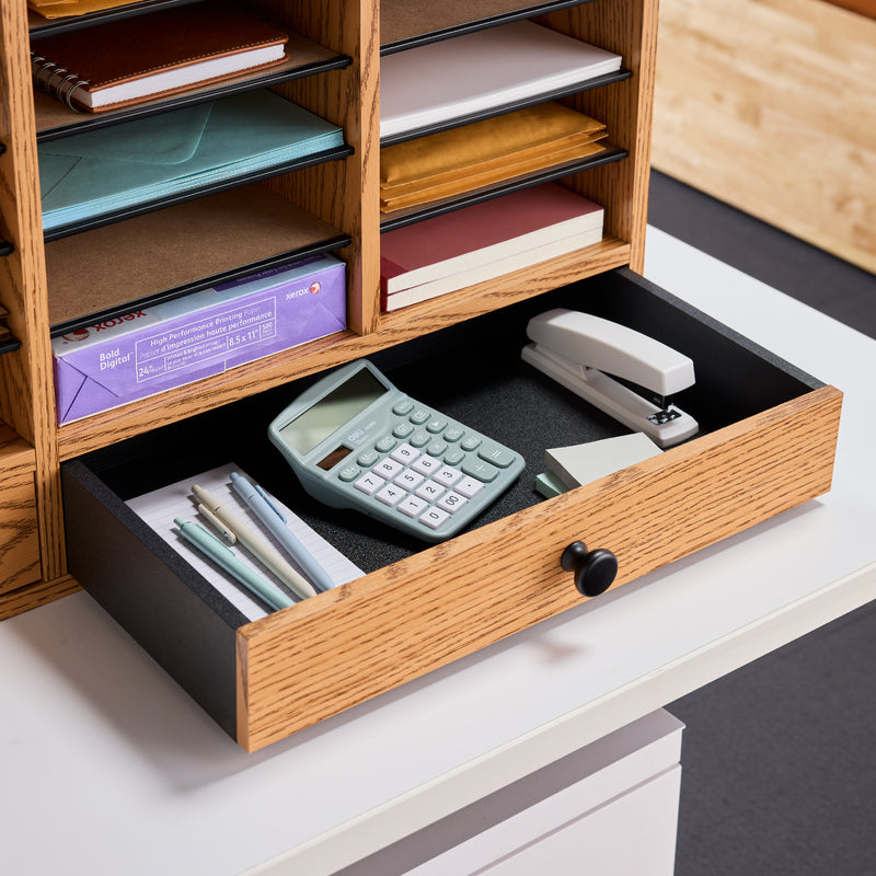 Wood Adjustable Literature Organizer, 32 Compartment w. Drawer