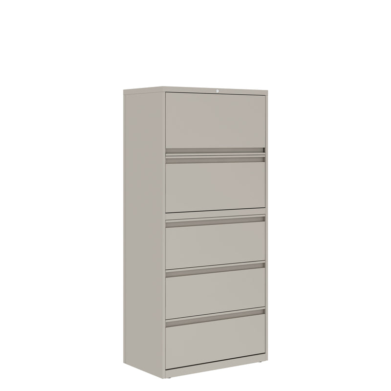 Prime™ 65.6"H Five Drawer Lateral File Cabinet, Posting Shelf, 30"W x 18"D - One Receding, Four Fixed Front