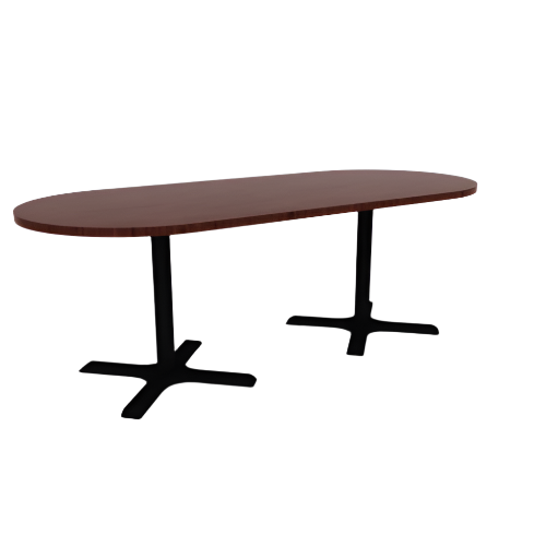 Proof 36" x 84" Racetrack Pedestal Cafe Table with X-Base Pair HPL Top 3MM PVC Edge