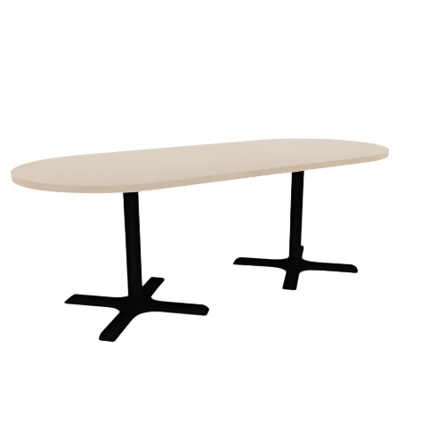 Proof 36" x 84" Racetrack Pedestal Cafe Table with X-Base Pair HPL Top 3MM PVC Edge