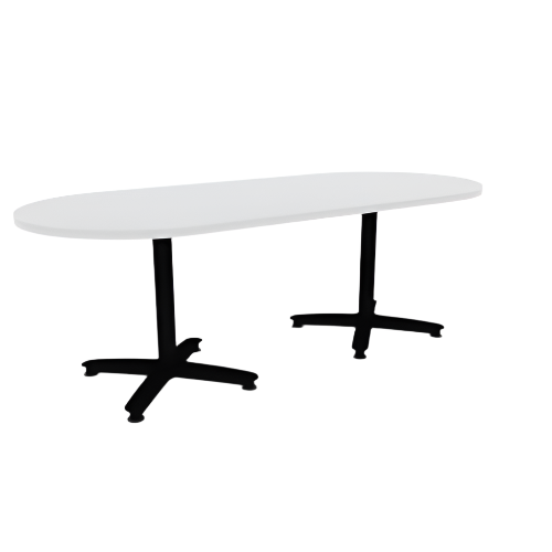 Proof 36" x 84" Racetrack Pedestal Cafe Table with Arched Base Pair HPL Top 3MM PVC Edge