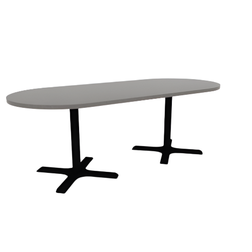 Proof 36" x 84" Racetrack Pedestal Cafe Table with X-Base Pair HPL Top Knife Edge