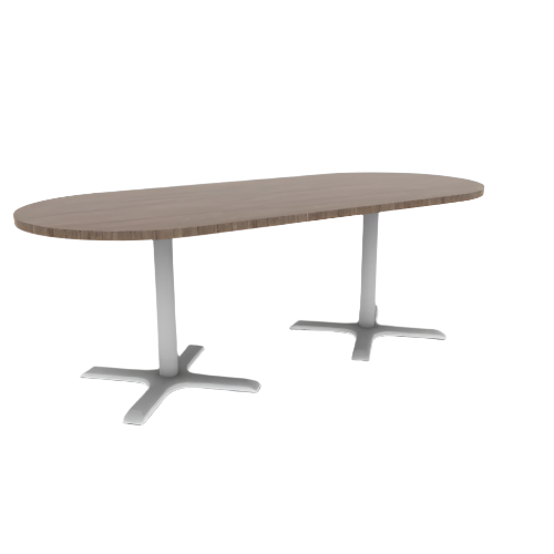 Proof 36" x 84" Racetrack Pedestal Cafe Table with X-Base Pair HPL Top Knife Edge
