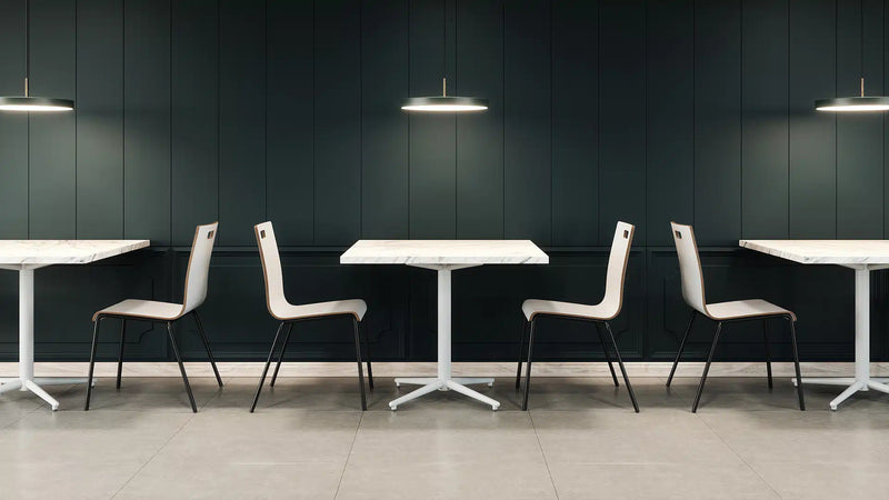 Vaux 36" Rounded Square Cafe Table HPL Top with Knife Edge Casters 30"H