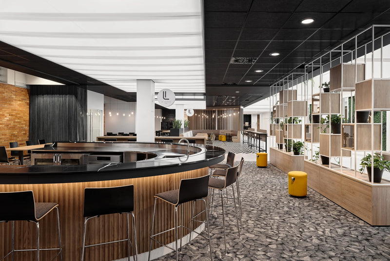 Commercial cafe interior with stool seating